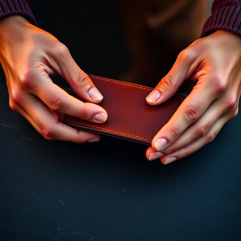 Hands examining the texture of a full-grain leather wallet on a charcoal slate surface