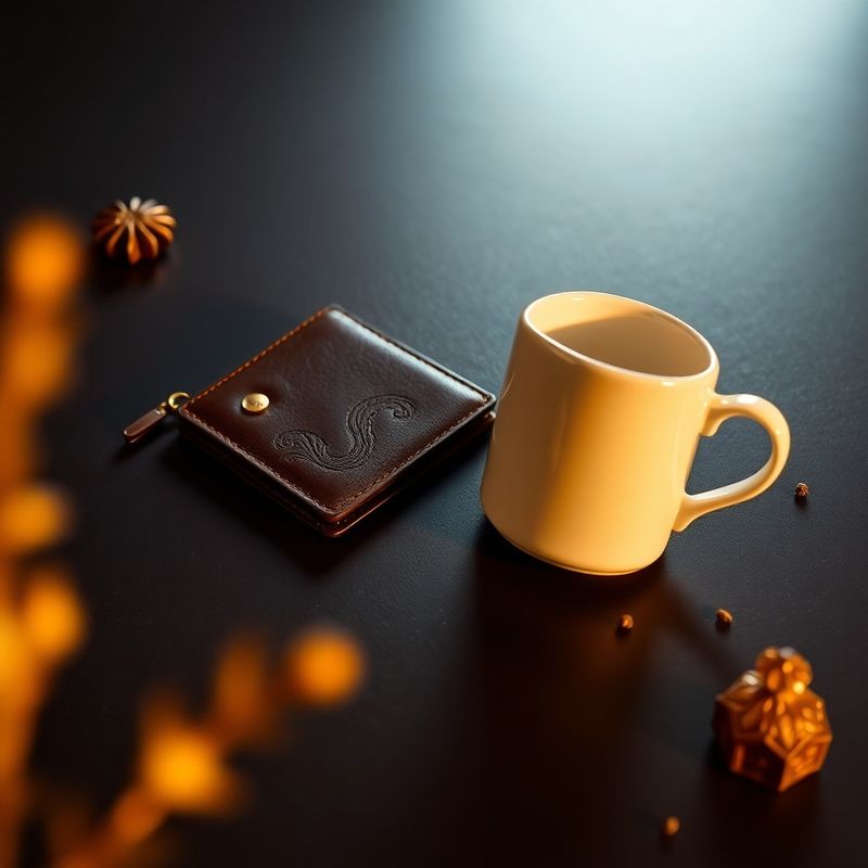 Premium leather wallet and ceramic mug on a charcoal surface with warm gold light
